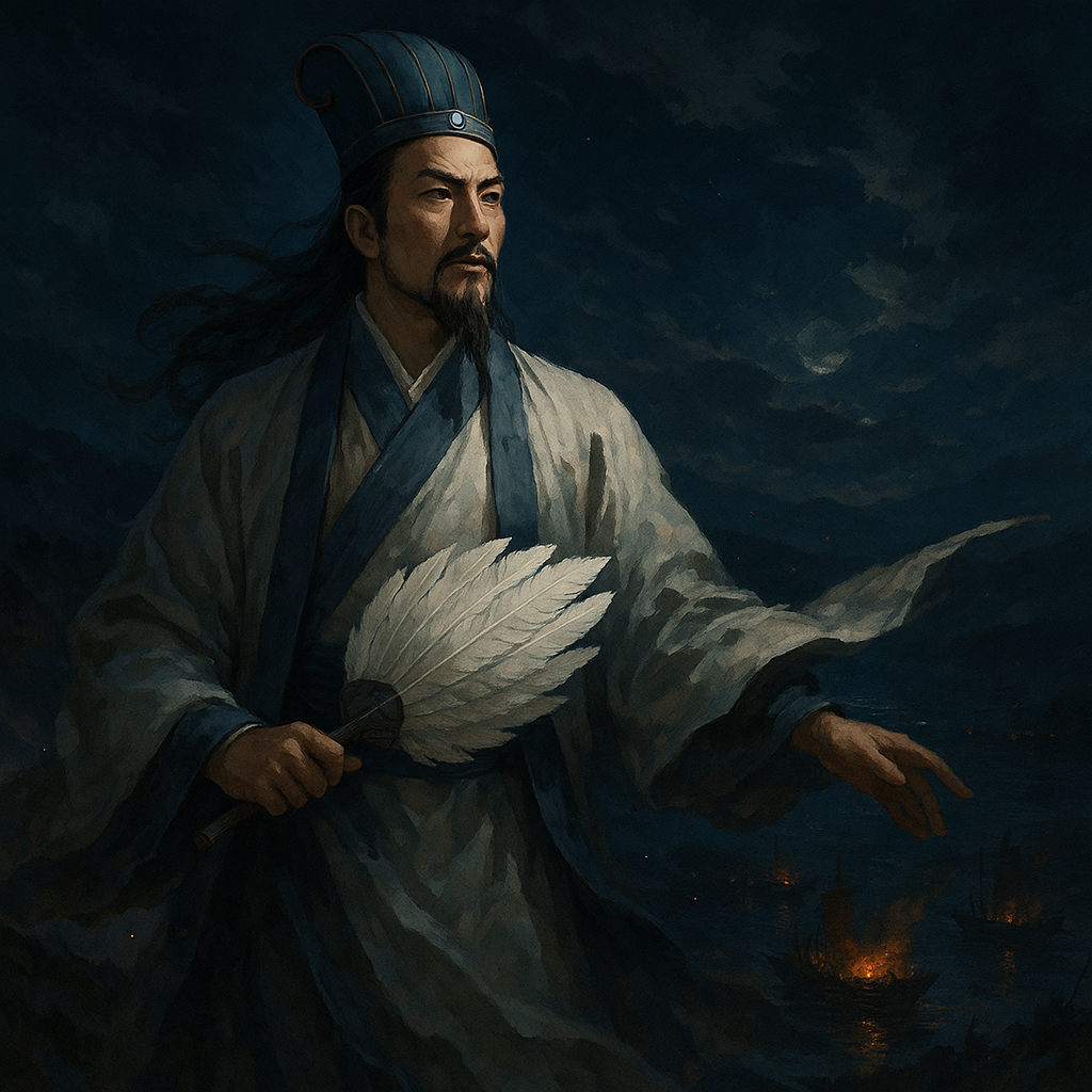 Zhuge Liang stands by the river with a fan in hand, wind stirring his sleeves – before Red Cliffs